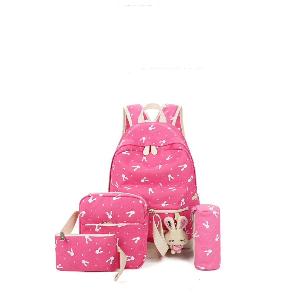 

4PCs/Sets Canvas Backpack Cartoon Rabbit Printing School bags for Teenage Girls Women Cute Travel Backpack Mochila Feminina