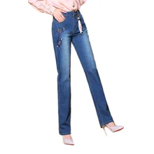 Вышитые джинсы женские весна и осень вышитые Тонкий Корректирующее белье с высокой талией Прямые свободные брюки большого размера