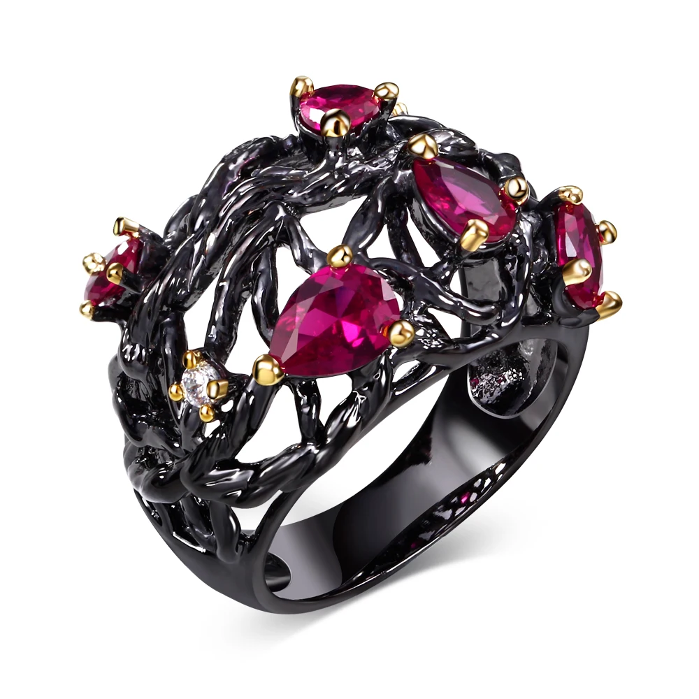 Unique 2 tone Design Party Rings Red CZ Crystal Jewelry For Women