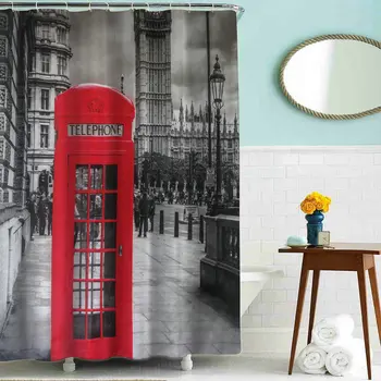 

Creative Waterproof 3D Big Ben Shower Curtain Bathroom Product Polyester Telephone Booth Sky Tree Pattern with 12 Hooks Decor