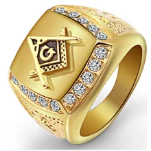 New Arrival Male Bling CZ Crystal Freemason Masonic Free Mason Signet Rings 316L Stainless Steel Gold Ring For Men