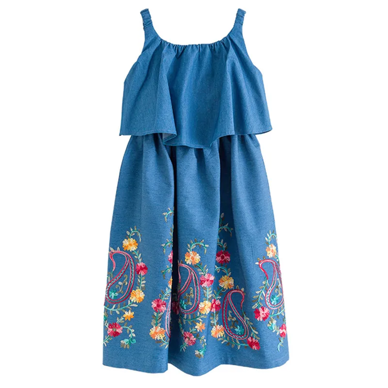 

6 to 16 years kids & teenager girls summer jeans embroidery floral print ruffle sleeveless dress children fashion casual dresses