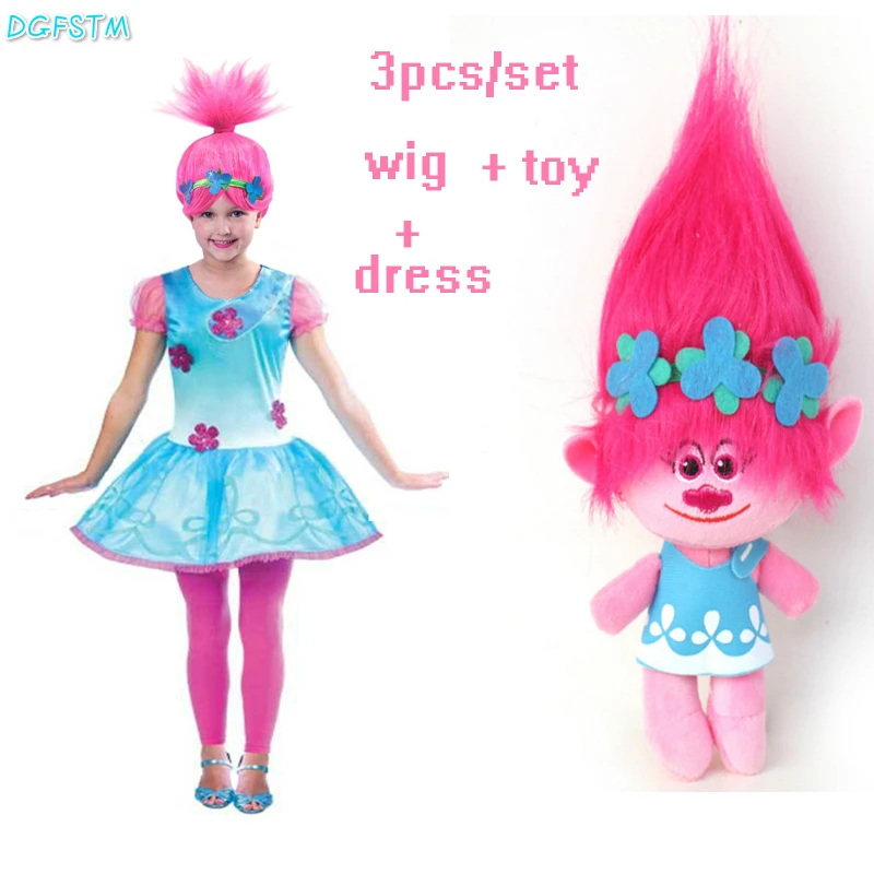 2017 New Cartoon Trolls Dress and wig toy Summer Children Girls Sleeveless A-Line Princess Dresses Vestido | Детская одежда и