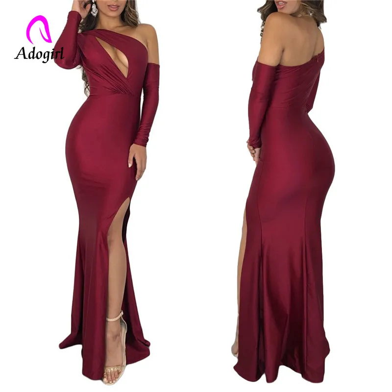 

Burgundy Evening Maxi Dress with High Split Floor Length Dress Elegant Woman cold Shoulder Special Occasion Formal Gowns 2019