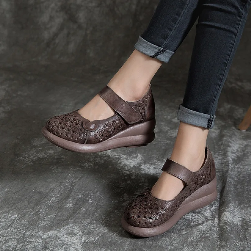 

Summer Retro Genuine Leather Embossing Hollow Out Shallow Women Sandals Hook & Loop Ankle-Wrap Wedges Lady Shoes 190514