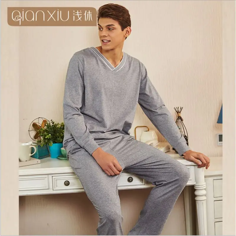 Весна плюс размеры пижамы для мужчин повседневные наборы для ухода за кожей Мужской Хлопковый пижамный комплект с длинным рукавом v-образным вырезо - Цвет: Gray