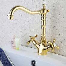 Полированная Латунь Золото Цвета с двумя крестообразными ручками поворотный Ванная комната кухонная раковина судно туалетный кран смесителя asf096