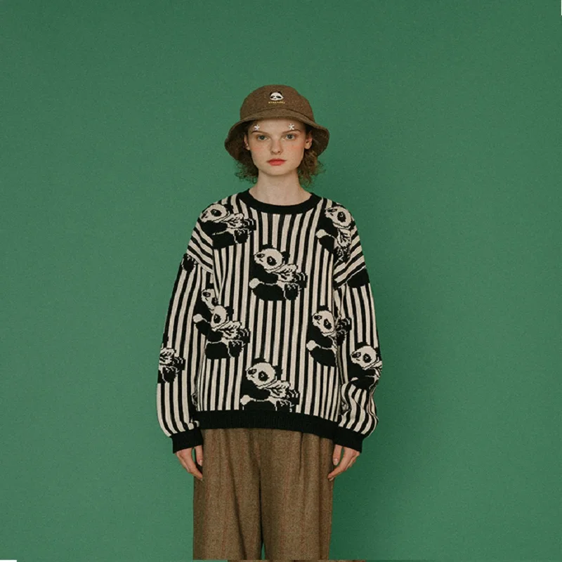 

2019 Spring Winter High Quality Original Design Women Striped Sweater Chinese Pandas Femme Loose Thick Pullover Knitted Jumpers