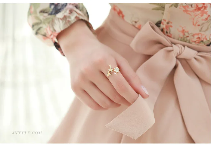NJ25 высокое качество регулируемый размер розовое золото цвет кольца с Стразы для женщин Мода цветок лист ювелирные изделия