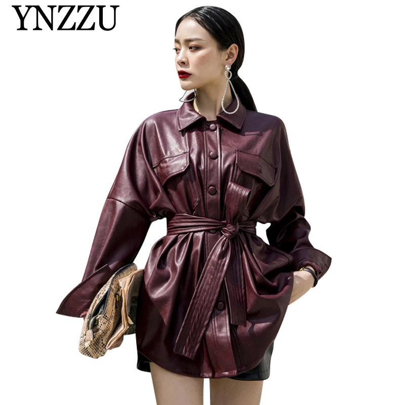 

YNZZU 2019 New Autumn Women Loose Soft Leather Jackets Buttons with belt Win red PU Outerwear Chic Motorcycle Biker coats YO853
