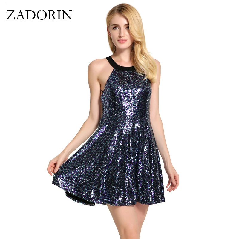 Buy Cheap ZADORIN Elegant Halter Mini Sequin Summer Dress Plus Size Women Sexy Backless Party Beach Club Flare Dress Robe Femme Vestidos