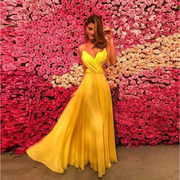 

Yellow Spaghetti Strap Prom Dresses Backless Pleat Chiffon Women's Maxi Dress Floor Length Evening Party Skirts