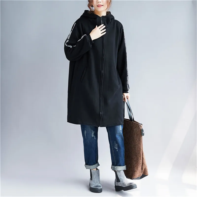 Новые женские осенние зимние толстовки/свитшоты корейские повседневные Длинные куртки размера плюс вельветовые плотные пальто Верхняя одежда X257 - Цвет: black