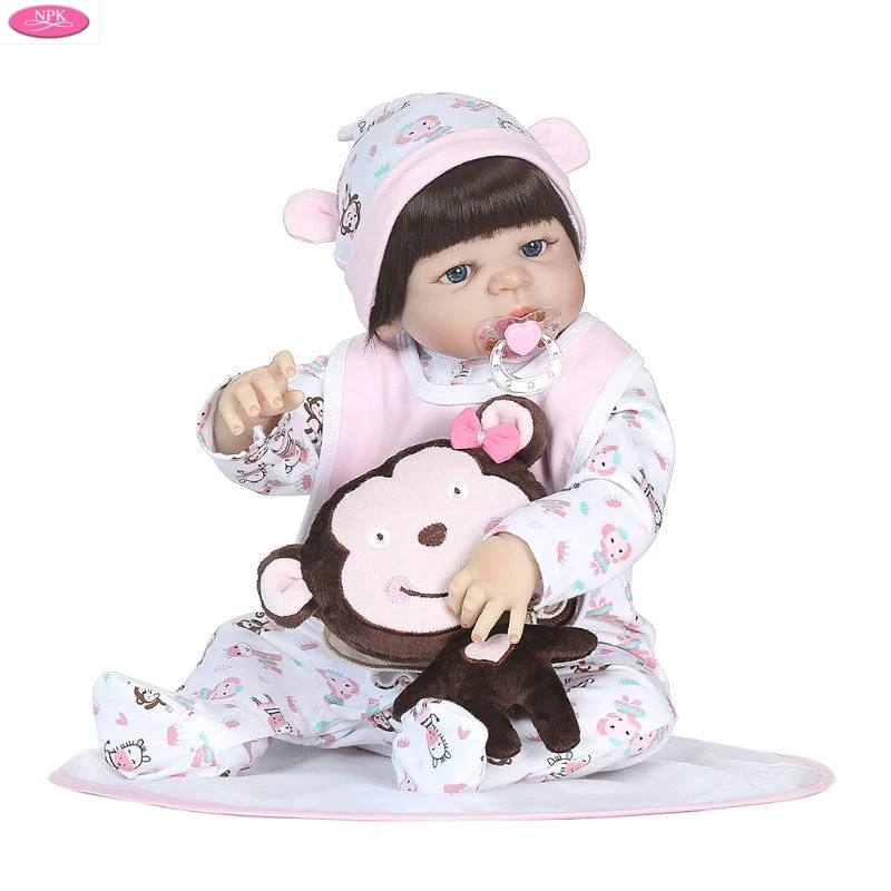 

22in Newborn Lifelike Full Silicone Baby Doll Blanket Bib Cartoon Onesies Hat Monkey Toys Early Childhood