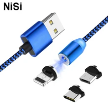 1 м 2 м светодиодный светильник Магнитный кабель типа C нейлоновая оплетка+ металлический алюминиевый сплав Micro IOS USB C Магнитный кабель для быстрой зарядки синий