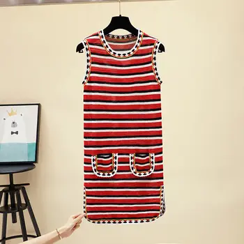 

Vest Top Female Summer Color Striped Color Matching Hollow Hook Flower Stitching Double Pocket Split Knit Sleeveless Dress f1013
