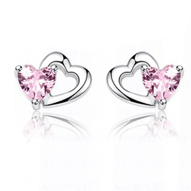 

Romantic Love Shiny Pink Zircon Heart Stud Silver Earrings Women'S Jewelry Wedding Gift