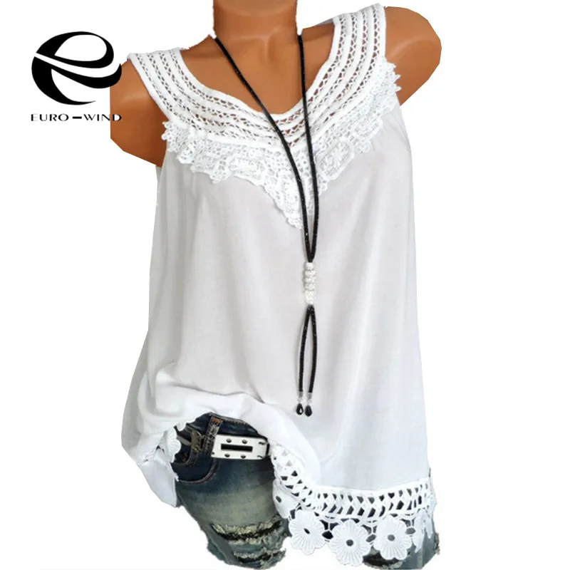 زائد حجم 5XL النساء قمم و بلوزة 2019 الصيف أعلى بلا أكمام س الرقبة الصلبة الدانتيل البلوزات الإناث عارضة فضفاض قمصان بوهو blusas