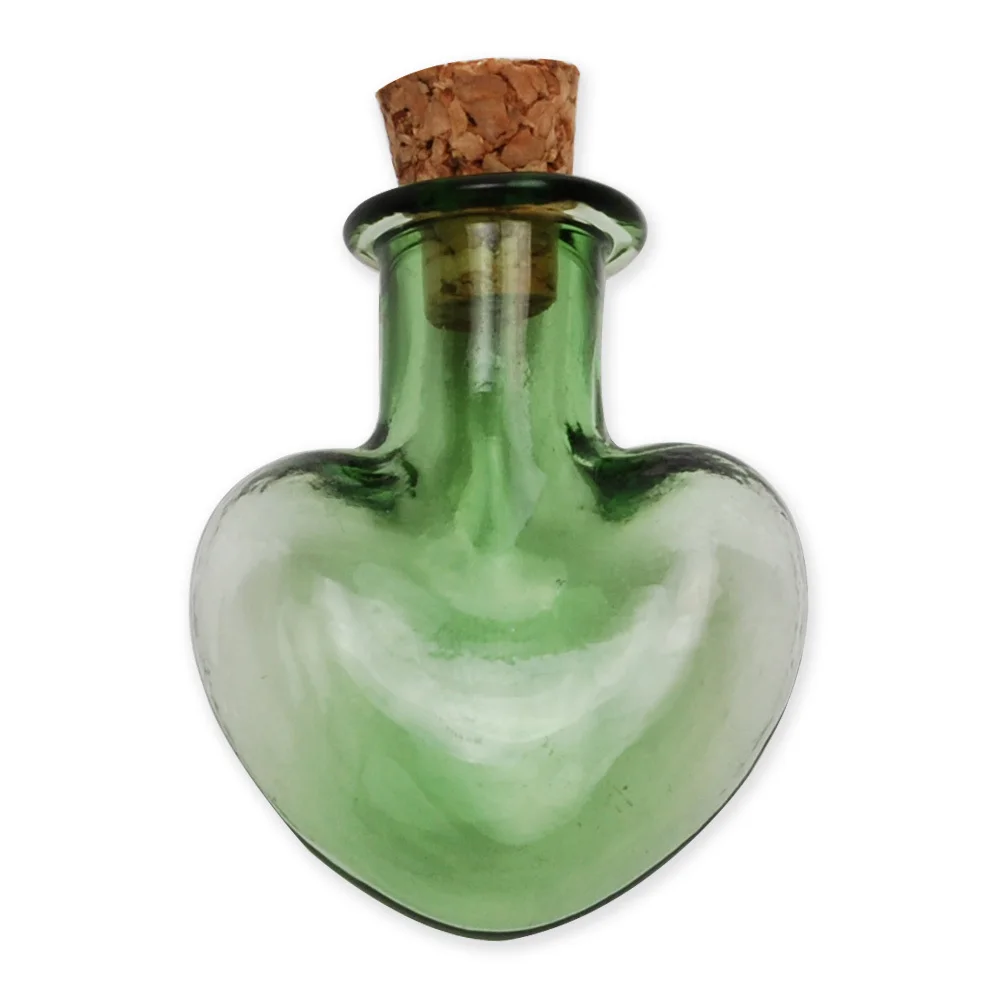 Wholesale green heart shaped glass wishing bottle with cork for jewelry