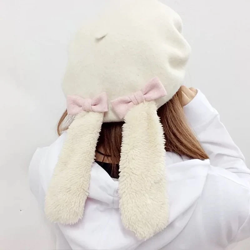 

Women Girls Lolita Style Bow Tie Winter Warm Rabbit Cospaly Hat With Ears Xmas Gift