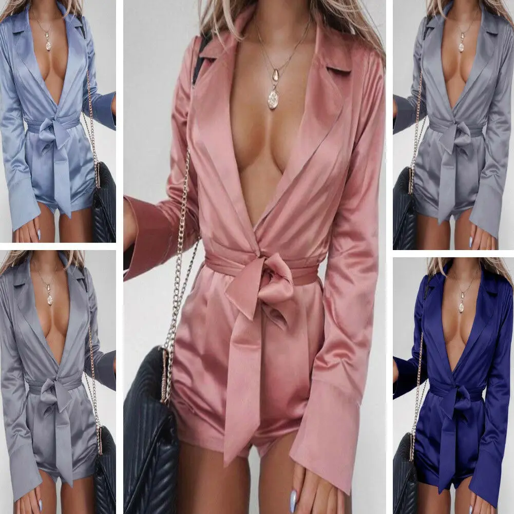 

Women Long Sleeve Playsuit Bodycon Satin Short Jumpsuit V-neck Casual Romper Sleepwear