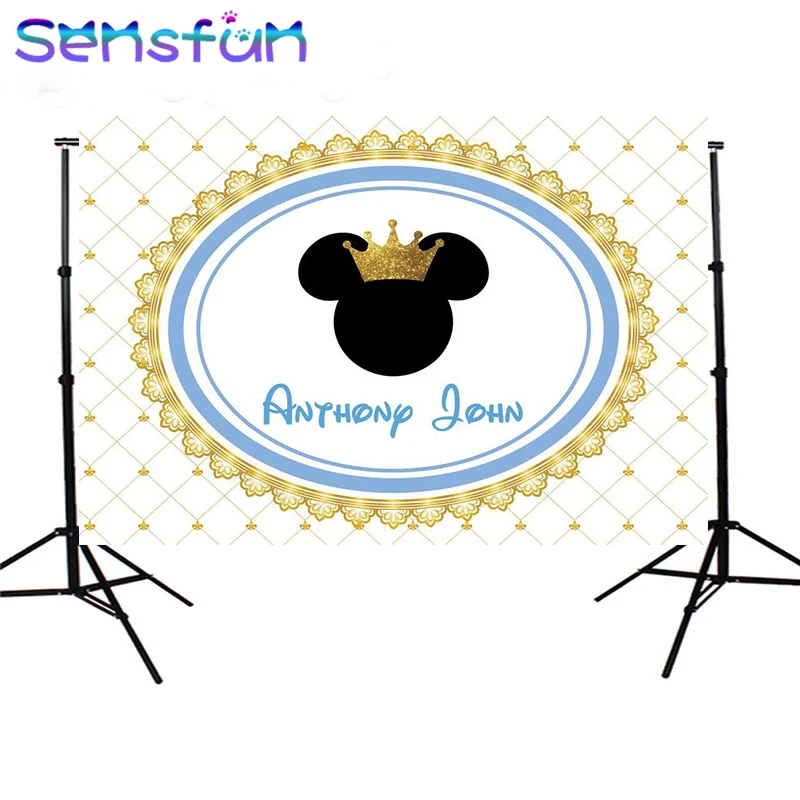 

sxy929 7x5FT White Wall Gold Mickey Minnie Mouse Head Crown Baby Shower Custom Photo Backdrop Background Vinyl 220cm x 150cm