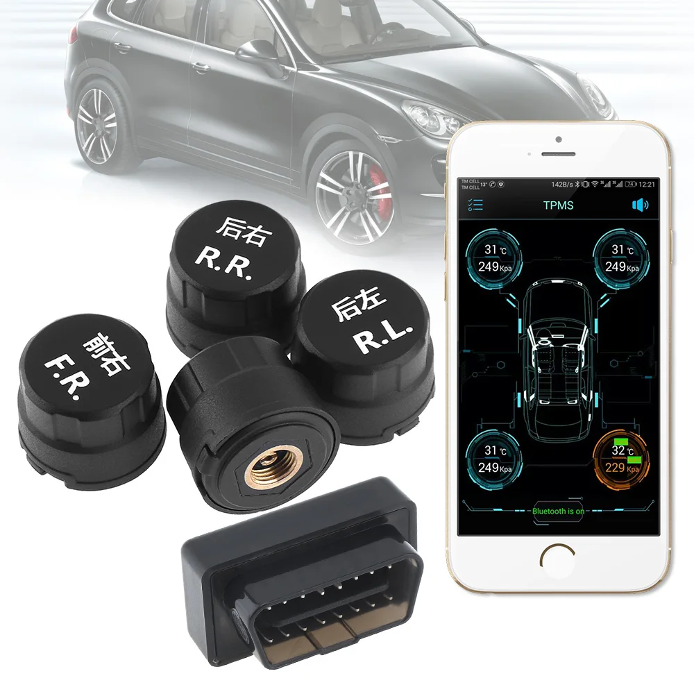 

4pcs Smart Bluetooth 4.0 OBD Car TPMS Tyre Tire Pressure Alarm Monitoring System APP Display External Sensor Support Android IOS