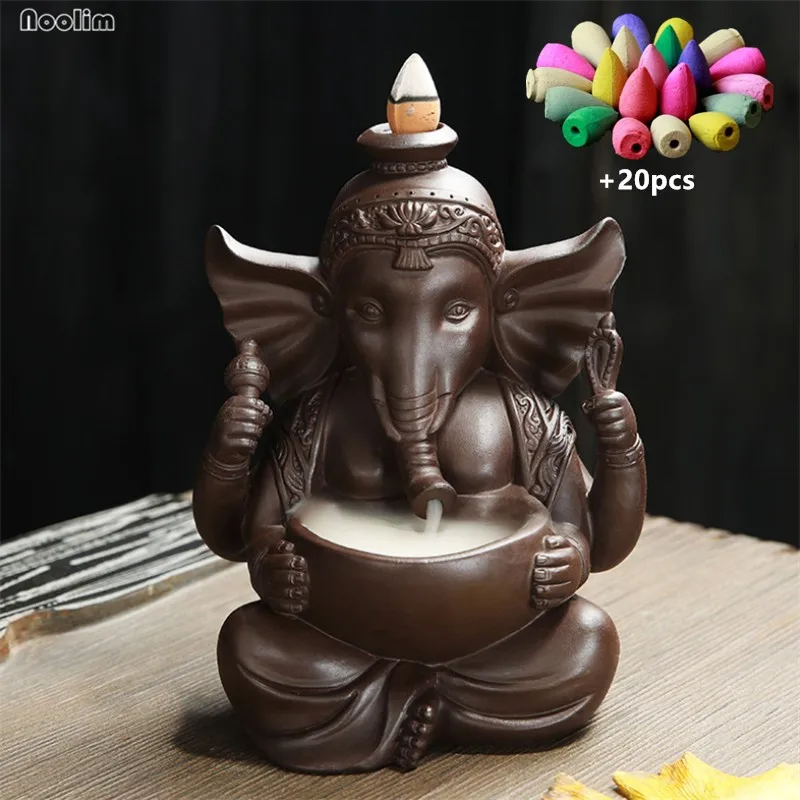 Индийский Бог Ganesha керамический слон курильница для благовоний лампа для ароматерапии держатель Украшения Дома Офиса+ 20 шт пирамидки благовоний - Цвет: With 20pcs mixed-B