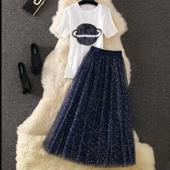 

two piece sets women summer printed cotton Short-sleeved T-shirt + high waist sequined mesh skirt