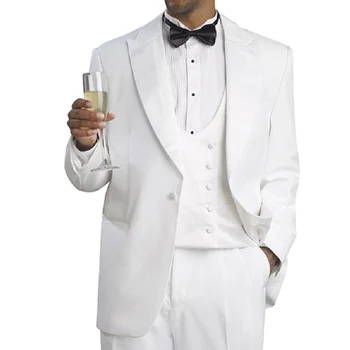 

White Wedding Tuxedos for Groom Men Wear 3 Piece Peaked Lapel Male Set Jacket Pants Vest Evening Party Formal Men Suits New