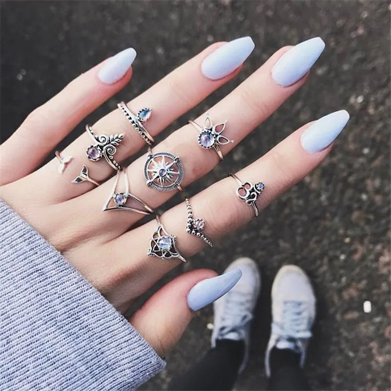 

Vintage 4-13Pcs/Set Bohemia Antique Bronze Silver Finger Jewelry Geometric Rhinestone Zircon Rings Sets for Women Jewelry