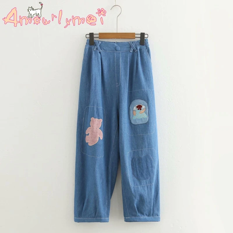 

Japanese Style Mori Girl Cartoon Embroidery Loose Elastic High Waist Casual Blue Jeans Pants 2019 Summer Women Denim Harem Pants