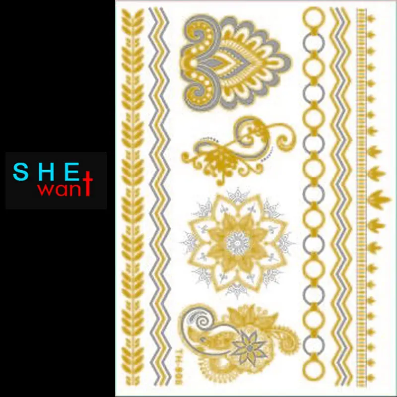 

2017 Rushed 1pcs New Hair Jewellery Tattoo Necklace Temporary Tattoos Metallic Flash Gold Silver Henna Branch Th906