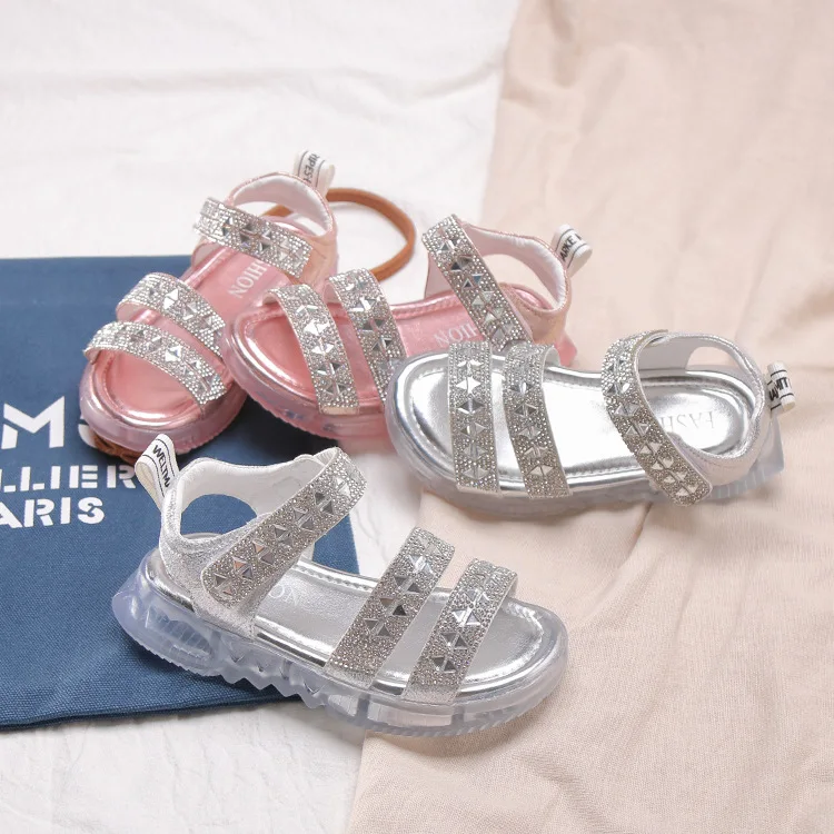 Сандалии для девочек; обувь с открытым носком; детская летняя пляжная обувь со стразами; блестящие детские сандалии; удобные детские туфли; 26-35