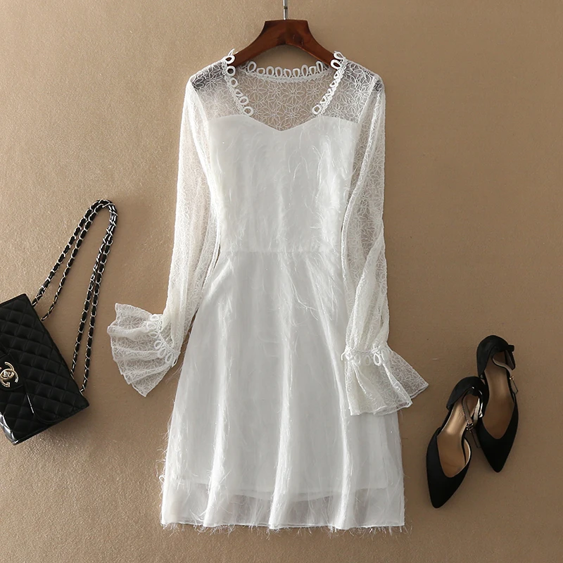 JIBAIYI Sexy V Neck Transparent Mesh Lady Party Dress Women Slim Spring Long Flare Sleeve Lace Dress Elegant Mini White Vestidos JIBAIYI Sexy V Neck Transparent Mesh Lady Party Dress Women Slim Spring Long Flare Sleeve Lace Dress Elegant Mini White Vestidos
