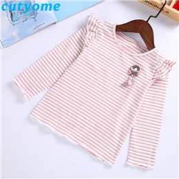 Wholesales-5pcs/партия, г. Осенние футболки для маленьких девочек блузки с длинными рукавами и оборками, рубашка для детей, Корейская одежда полосатые футболки - Цвет: Pink