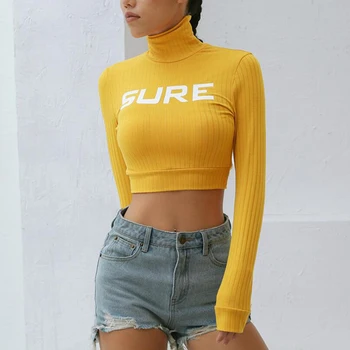 

Vogue T Shirt Women Crop Top Long Sleeve Turtleneck Letter Print Cropped Tshirt Casual Spring Autumn Tee Shirt femme Tops yellow