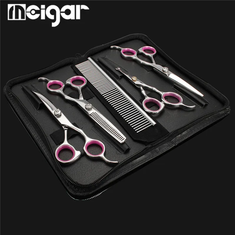 

Pet Dog Grooming Scissors Set Straight Curved Thinning Shears Comb PU Zipper Case Professional Animals Hair Cutting Tools Kit