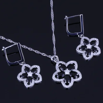 

Noblest Black Cubic Zirconia White CZ Silver Plated Jewelry Sets Earrings Pendant Chain V0020