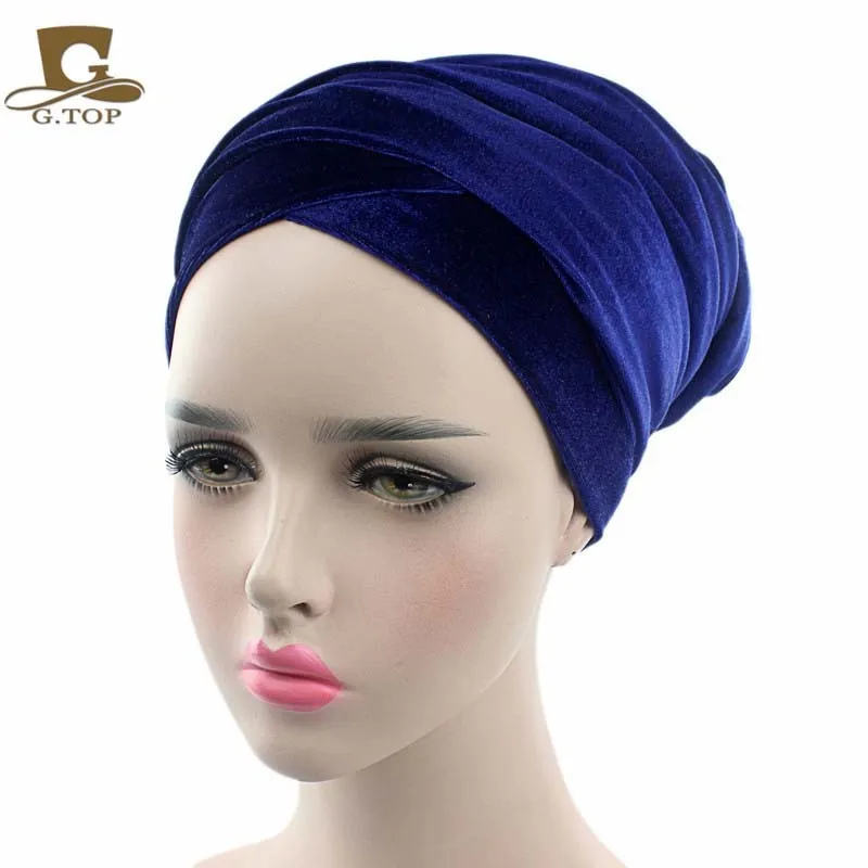 Fashion Womens Luxury Velvet Turban Hijab Cap Hat Extra Long Tube Head
