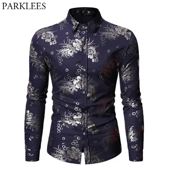 

Bronzing Floral Print Shirt Men 2019 New Fashion Slim Fit Navy Blue Wedding Dress Camisas Brand Hipster Prom Party Chemise Homme