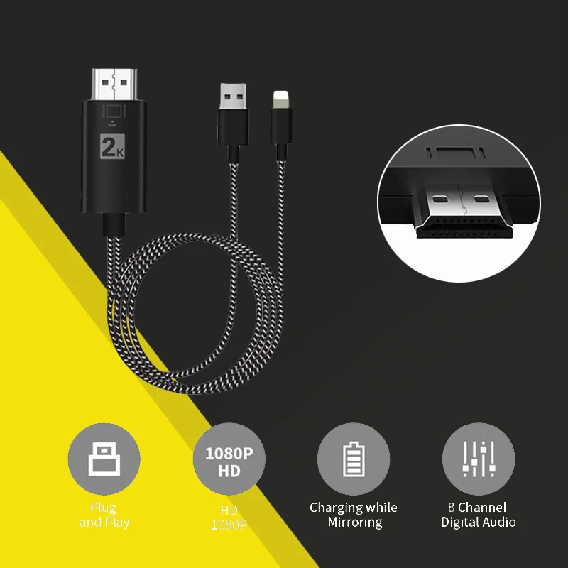 2 м 1080 P USB к HDMI HDTV Кабель AVHDMI конвертер Свет-ing 8pin Аудио Видео AV hdmi кабель для Apple IPhone X 8 8 плюс 7 плюс 6