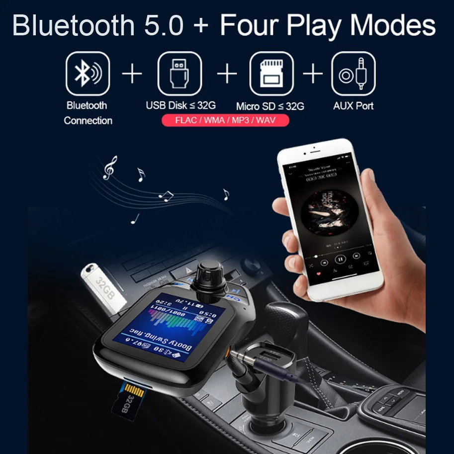  Bluetooth 5.0 FM Transmitter Car AUX USB MP3 Player Wireless Handsfree Car Kit With QC3.0 Quick Cha