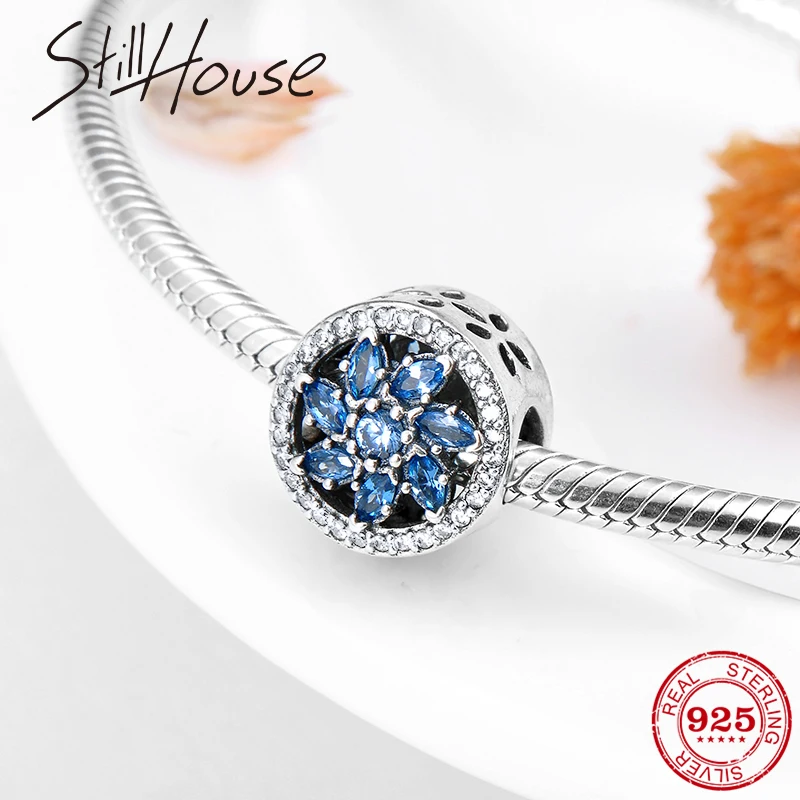 

High quality Flowers Blue Zircon charms Authentic 925 Sterling Silver Bead Fit Original Pandora Charm Bracelet Jewelry making