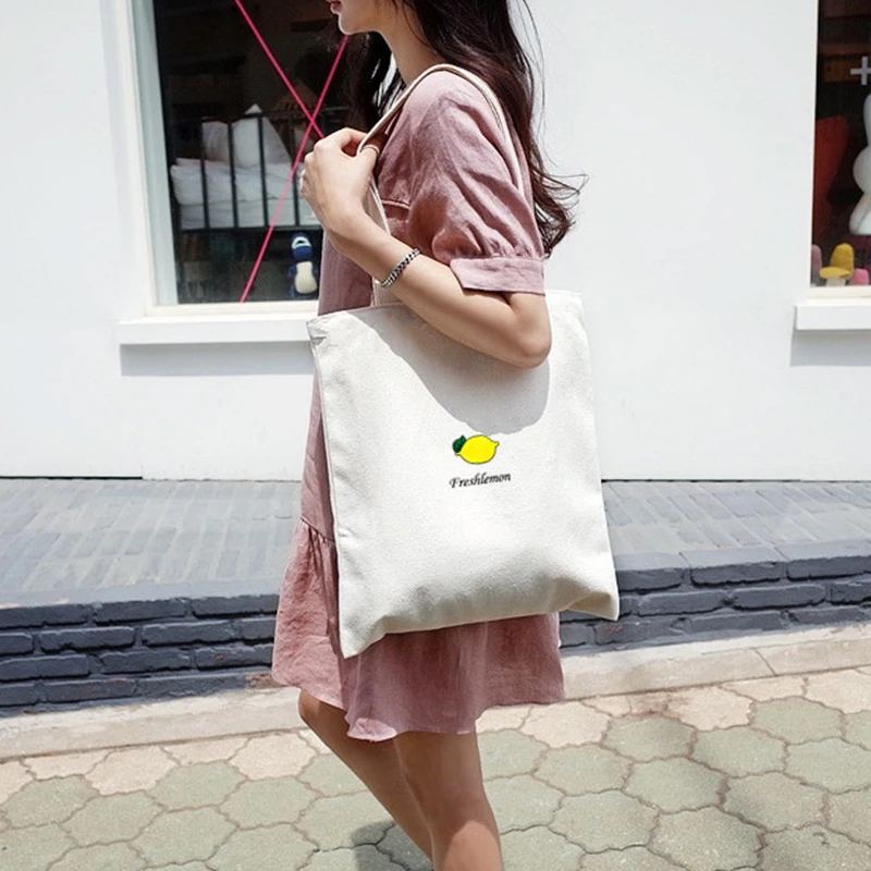 

Casual Cartoon Fruit Print Large Capacity Shopping Bags Simple Student Beach Shoulder Bag Women Daily Canvas Handbag Tote Bag