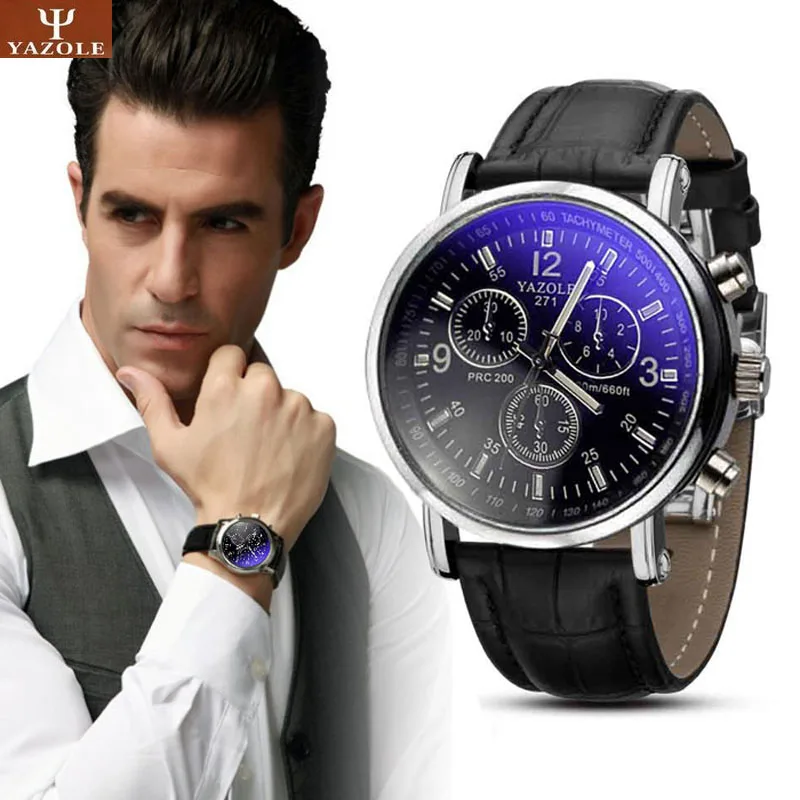 Fashion Faux Leather Mens Analog Quarts Watch Blue Ray Men Wrist