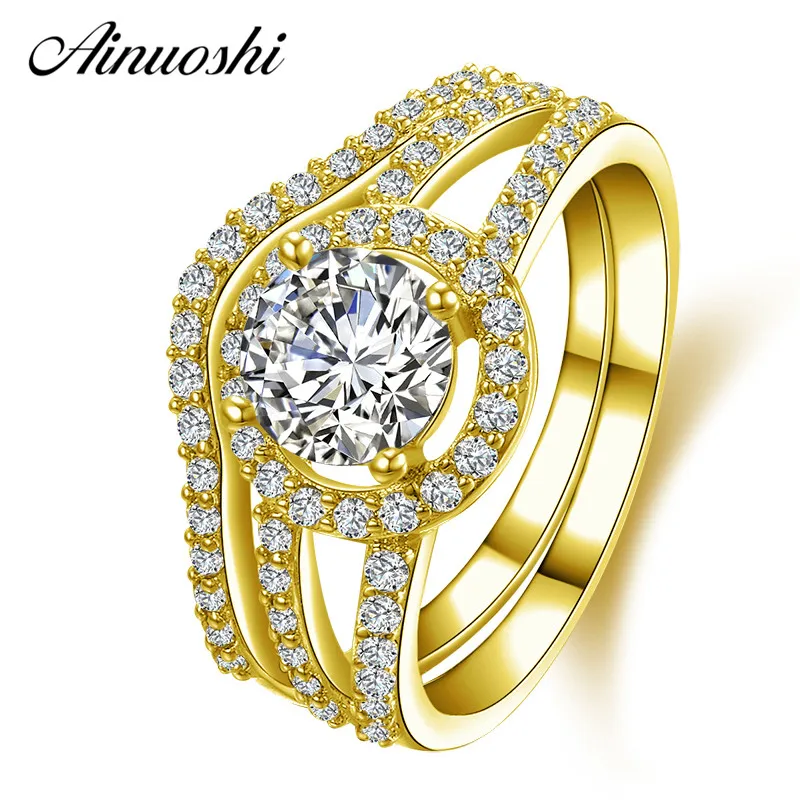 AINUOSHI 14 к твердое желтое золото обручальное кольцо наборы круглой огранки Halo 1 ct Sona Имитация бриллианта ювелирные изделия для женщин набор обручальных колец