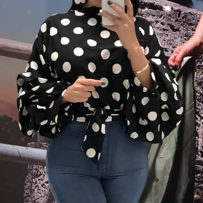 Online Verano Oficina señoras Streewear de talla grande rojo blusas elegantes mujer 2019 Casual larga linterna manga Polka Dots caída femenina