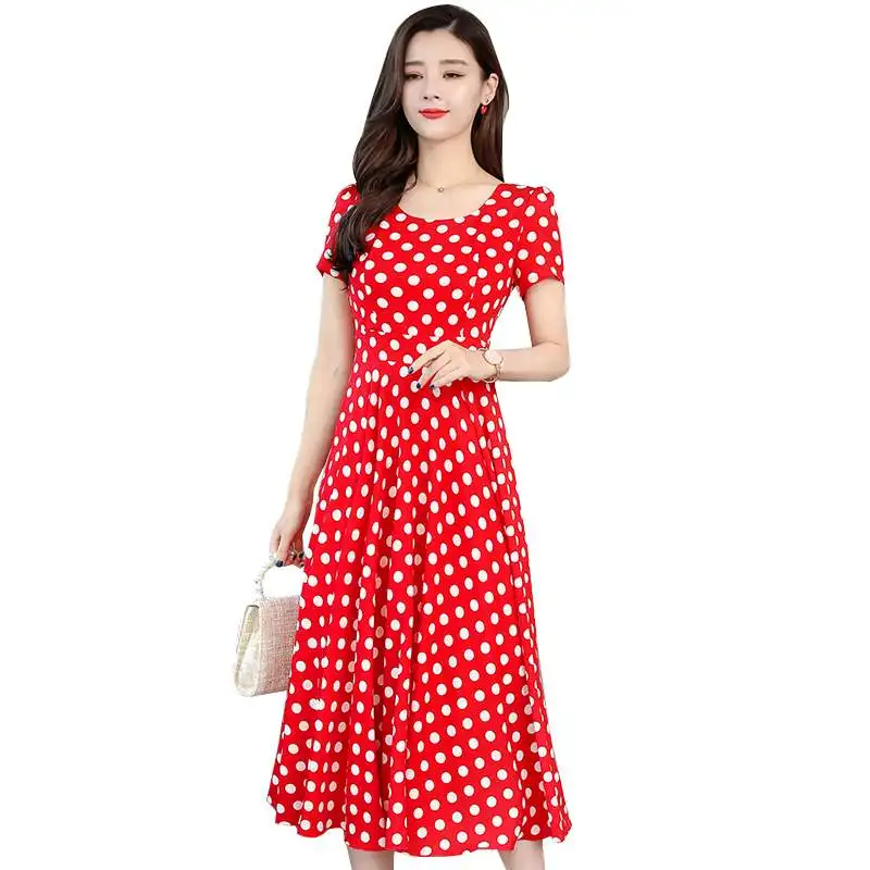 

Summer Short Sleeve Long A Word White Polka Dot Sweet Bohemian Red Dress Summer Dresses