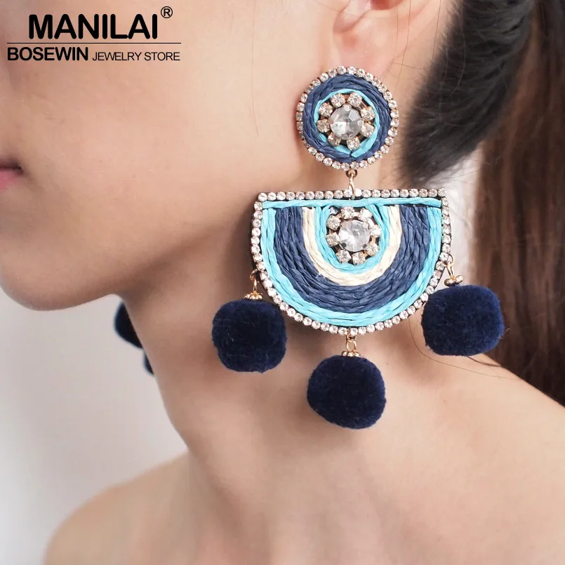 MANILAI Bohemian Style Pom Pom Pendant Earrings Women Ethnic Rhinestone Statement Big Dangle Earring Pendientes Jewelry